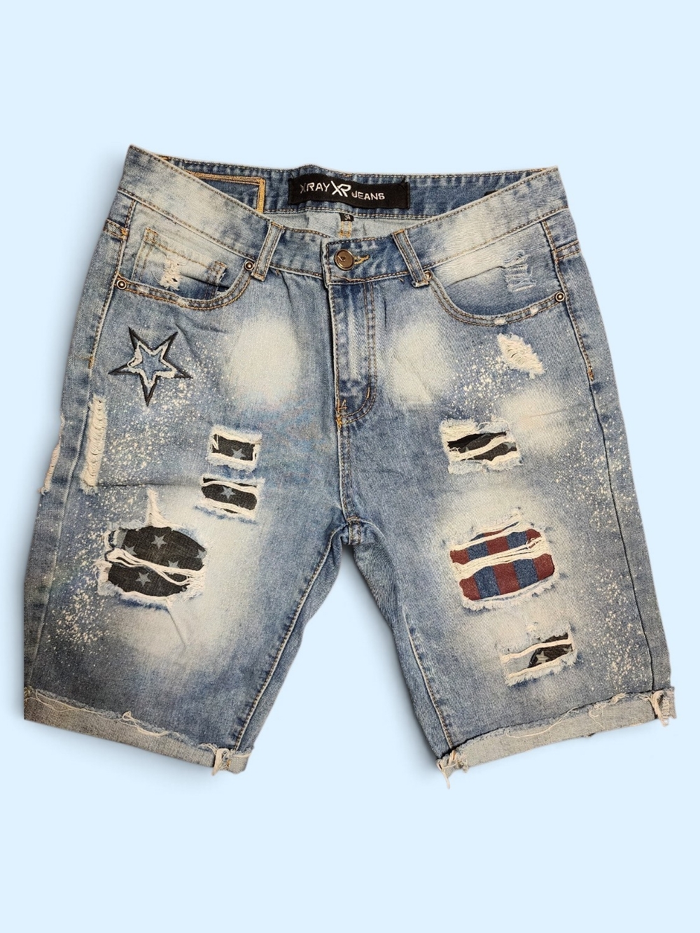 Men’s Light Blue Distressed Patch Denim Shorts